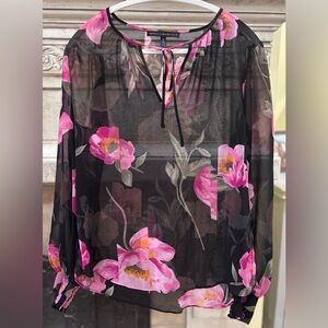 White House Black Market WHBM Sheer Black Floral Bouse Size Medium